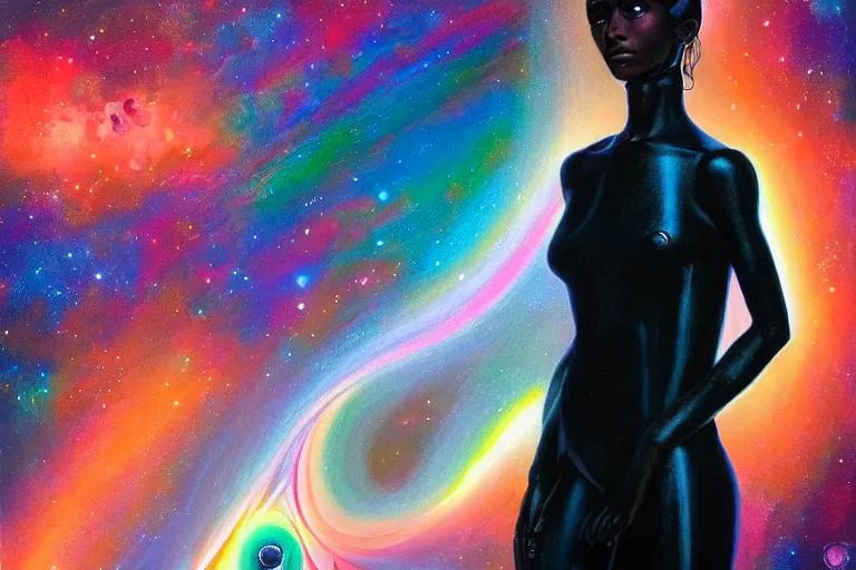 Image similar to patron saint of 🛸🌈👩🏾, futuristic iridescent clothing, wormhole, nebula, black hole, multiverse, neon god of city character portrait, in the style of margaret keane, moebius, tom bagshaw, and waterhouse, cinematic lighting, beautiful, elegant, oil painting,