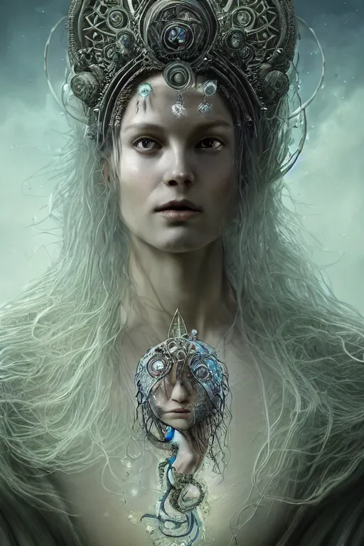 Prompt: a centered render of a wild post apocalyptic goddess with wearing ornate silver and gemstones and crystal clothing surrounded by flowing liquid gallium jellyfish and sacred geometry, perfect body and face, gorgeous, cinematic, beautifully lit, by tomasz alen kopera and peter mohrbacher, 3 d, trending on artstation, octane render, 8 k