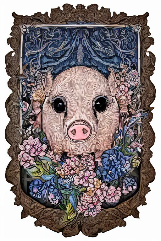 Image similar to Painted dark-wood panel relief carving of a close up of a Flowerpunk Piglet, White and pale blue toned, ornate border frame, explosion of colorful flowers, dark wood, intricately carved, black ink, festival of rich colors, intricate details, cinematic lighting, volumetric lighting, post-processing, art nouveau, tarot, fractal art, mandala, by andreas rocha and john howe, and Martin Johnson Heade, featured on artstation, featured on behance, golden ratio, hyper detailed, photorealistic, epic composition, center spotlight, f32, well composed, symmetrical, UE5, 8k