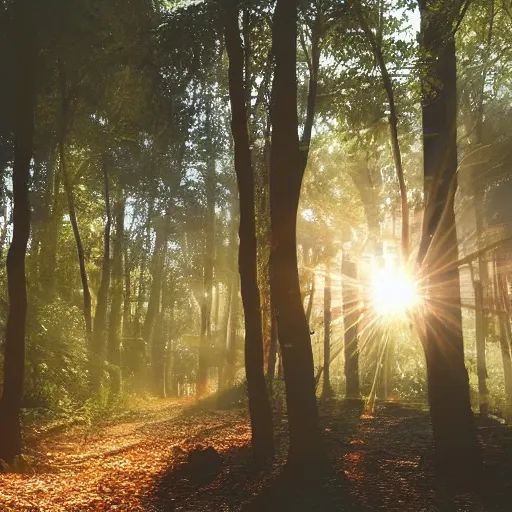 Image similar to An incredibly diverse forest, the light shoots through the trees from the sun, a walking path through the side, in the style of Hayao Miyazaki