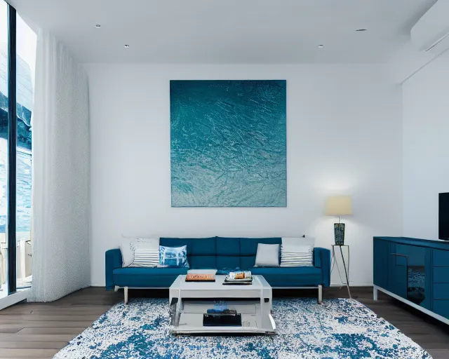 Image similar to A modern living room in a ocean hues style, calm, realsxed style, harmony, wide angle shot, 8k resolution