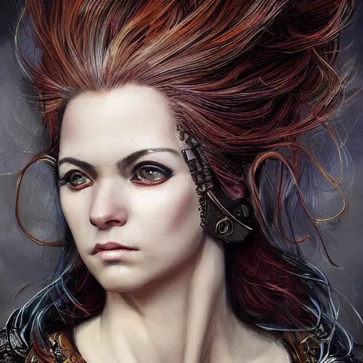 Image similar to portrait, headshot, insanely nice professional hair style, dramatic hair color, digital painting, of a old 17th century, old cyborg merchant, amber jewels, baroque, ornate clothing, scifi, realistic, hyperdetailed, chiaroscuro, concept art, art by Franz Hals and Jon Foster and Ayami Kojima and Amano and Karol Bak,