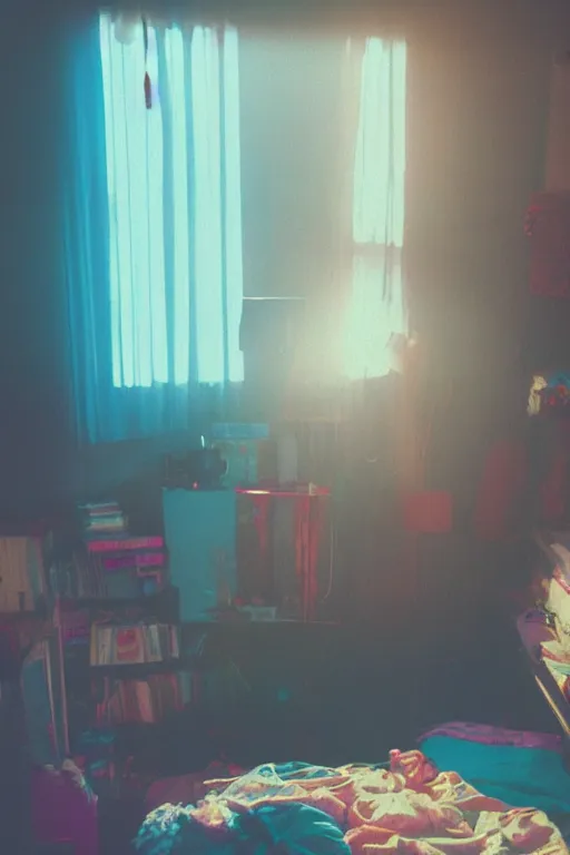 Image similar to agfa vista 4 0 0 photograph of a cluttered 9 0 s teenagers bedroom, synth vibe, vaporwave colors, lens flare, moody lighting, moody vibe, telephoto, 9 0 s vibe, blurry background, grain, tranquil, calm, faded!,