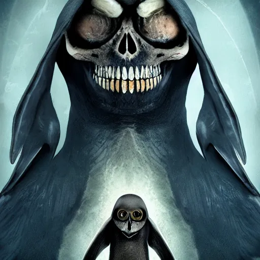 Prompt: end of days skeleton overlords enslaves penguin-human hybrids, epic movie poster, 4k, detailed