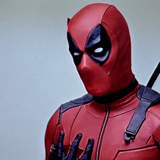 Image similar to film still, American Psycho in deadpool suit