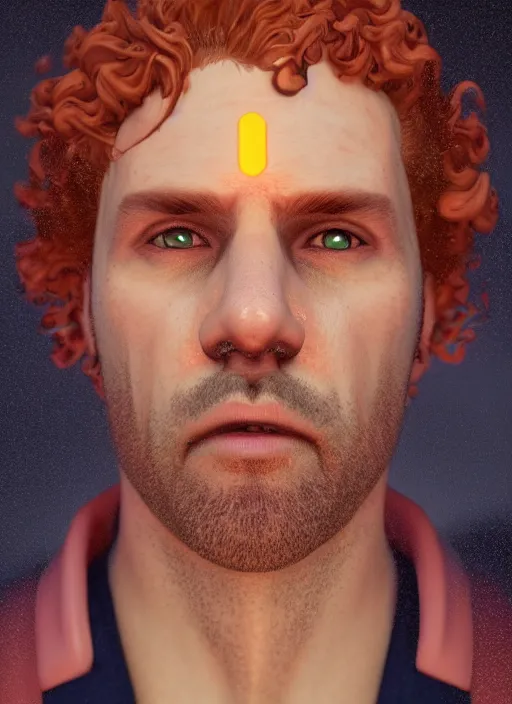 Image similar to glowwave portrait of curly orange hair man from gta v, au naturel, hyper detailed, digital art, trending in artstation, cinematic lighting, studio quality, smooth render, unreal engine 5 rendered, octane rendered, art style by klimt and nixeu and ian sprigger and wlop and krenz cushart.