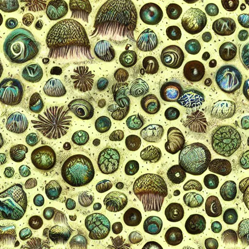 Image similar to beautiful and artistic mycelium on a fantastic planet and unusual inhabitants of the oceans, highly detailed, pattern with optical illusion, tiling texture, repeating textile pattern