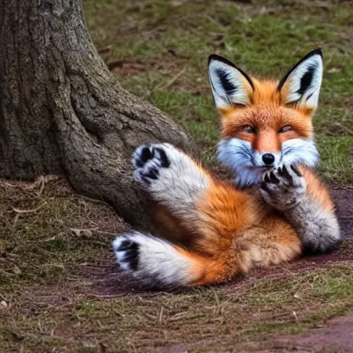 Image similar to a fox showing underneath his paws, pawpads,