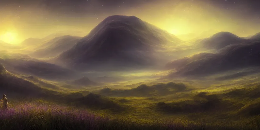 Prompt: masterpiece digital painting of a large landscape of the realm of dreams, stars in the sky, at dawn, emerging sun and hills on the horizon some light fog by wlop and sandara, and john howe, unreal engine, trending on artstation, more dark purple color scheme, cinematic lights, fireflies, sandman