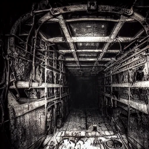 Prompt: the interior of a flooded rusty shipwreck, dark, scary lighting, scary, creepy, eerie, horror, submechanophobia, murky water, underwater photograph,