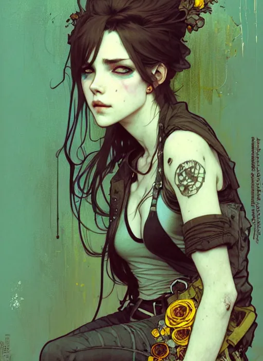 Image similar to highly detailed portrait of a moody sewerpunk young adult lady by krenz cushart, by artem demura, by alphonse mucha, by kaethe butcher, gradient yellow, black, brown and cyan color scheme, grunge aesthetic!!! ( ( graffiti tag city background ) )