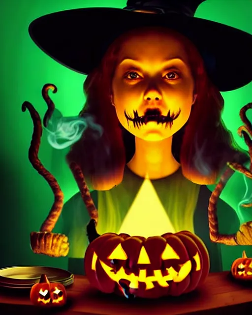 Image similar to close up portrait, serious teen witch mixing a spell in a cauldron, a cat is on the table, jack o lantern, wispy smoke fills the air, a witch hat, cinematic, green glowing smoke is coming out of the cauldron, strange ingredients on the table, strange apothecary shelves in the background, goosebumps movie