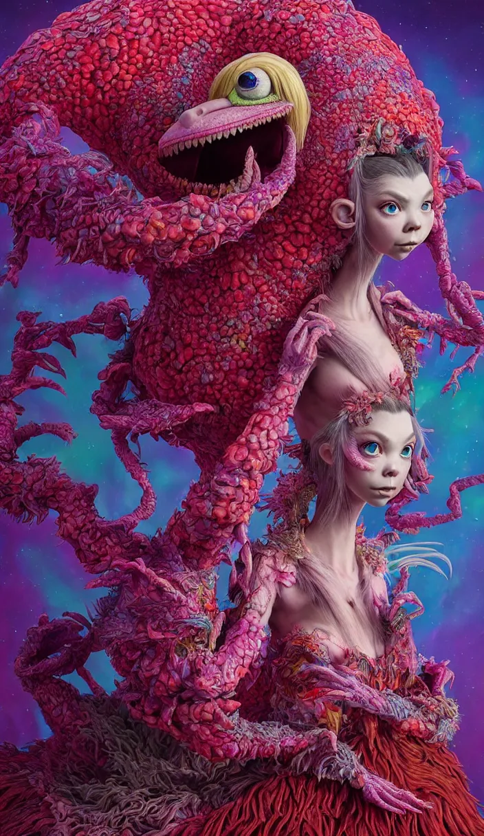 Image similar to hyper detailed 3d render like a Oil painting - kawaii portrait Aurora (a beautiful skeksis muppet queen from dark crystal that looks like Anya Taylor-Joy from the neck up) seen red carpet photoshoot in UVIVF posing in scaly dress to Eat of the Strangling network of yellowcake aerochrome and milky Fruit and His delicate Hands hold of gossamer polyp blossoms bring iridescent fungal flowers whose spores black the foolish stars by Jacek Yerka, Ilya Kuvshinov, Mariusz Lewandowski, Houdini algorithmic generative render, Abstract brush strokes, Masterpiece, Edward Hopper and James Gilleard, Zdzislaw Beksinski, Mark Ryden, Wolfgang Lettl, hints of Yayoi Kasuma, octane render, 8k