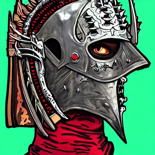 Prompt: detailed portrait of travis scott as a scary knight, profile view, side view, kaldor helmet, skull - shaped visor, no mandible, royal crown with big spikes, plate armor, stained glass art, by alphonse mucha, red background, very masterful