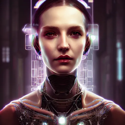 Prompt: cyberpunk robotic dark elvish queen, diadem on the head, extremely detailed, hyperrealistic, intricate, soft light, fantasy, digital painting, art station, perfect faces, fine details, by wlop
