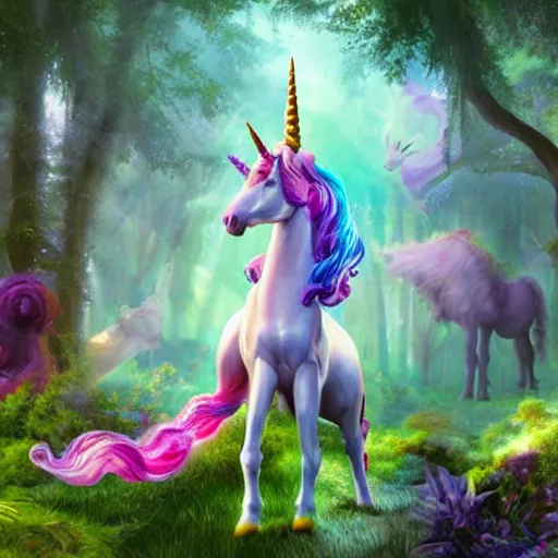 Image similar to Portrait of a unicorn in a fantasy forrest, lisa frank, craig mullins, octane, 8k, detailed illustration