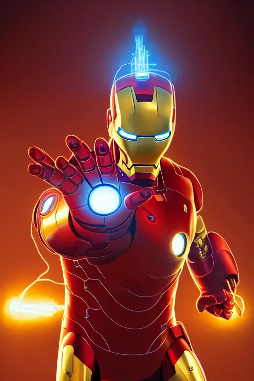 Image similar to Boris Johnson as Iron Man without a helmet, portrait, neon heart reactor, gold and blue, highly detailed, digital painting, artstation, concept art, smooth, sharp focus, illustration, cinematic lighting, art by artgerm and greg rutkowski and alphonse mucha