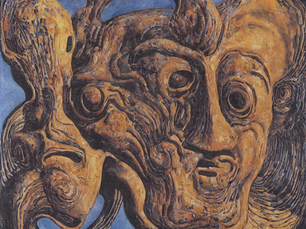 Image similar to alien african god mask, sculpture, Henri Moore giant, blue eyed, looking from the water conch. Boulders of marbled rocks, spiked, wings. Painting by Rene Magritte, Moebius, Jean Delville, Max Ernst, Maria Sybilla Merian, Alfred Kubin