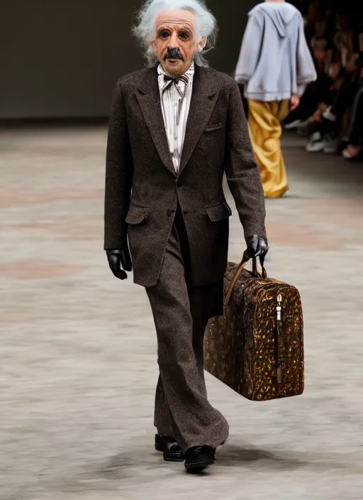 Image similar to hyperrealistic and heavy detailed lgucci runway show of albert einstein, leica sl 2 5 0 mm, vivid color, high quality, high textured, real life