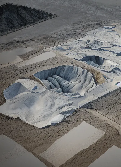 Image similar to hologram bioremediation white architecture, in the mining tailings of chuquicamata, epic, cinematic, hyperealistic, high detailed, corona render, hdr, ray tracing