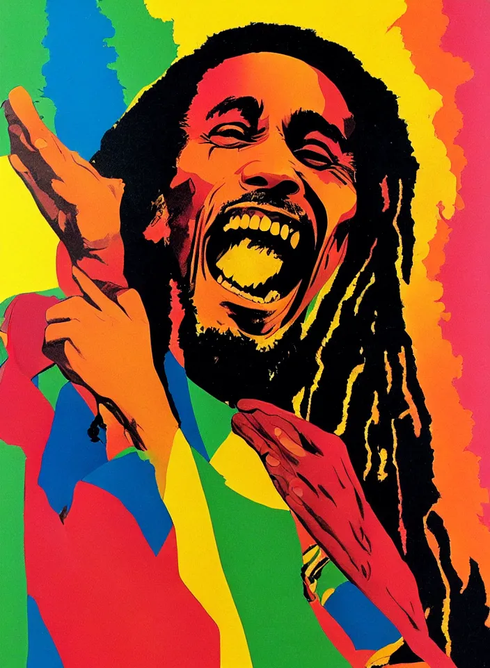 Image similar to graphic design of bob marley singing by milton glaser and lilian roxon, detailed
