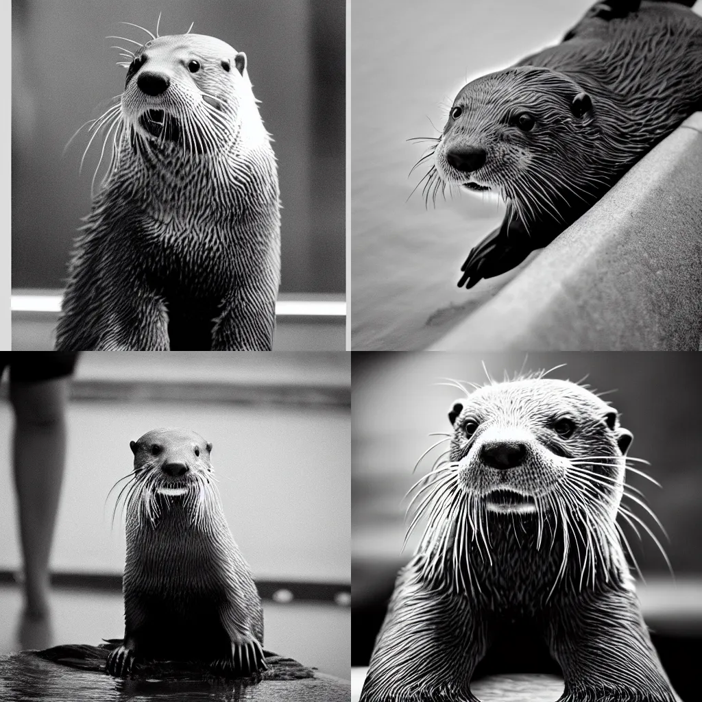 Prompt: A photograph of an otter wearing jeans. Film Noir. Black and White.