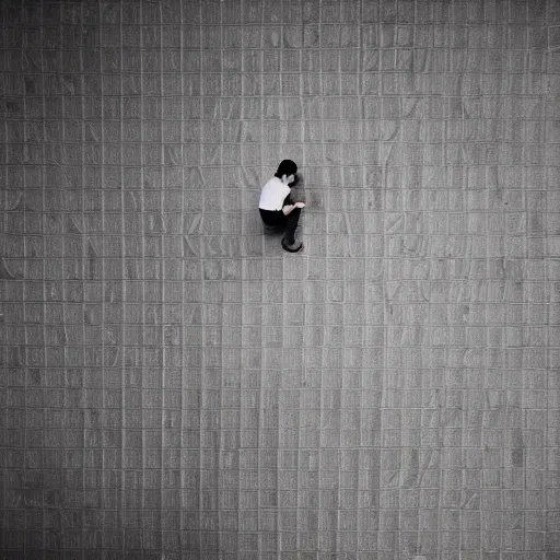 Prompt: A lonely man sits on his bed in an empty room, birds-eye view, sad, depressing, isolating