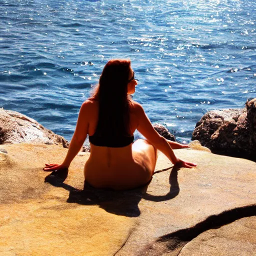 Image similar to a mermaid on a rock by the sea, watching the sun