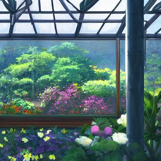 Prompt: a heavenly dream view from the interior of my cozy greenhouse filled with exotic and numerous plants from a Makoto Shinkai oil on canvas inspired pixiv dreamy scenery art majestic fantasy scenery cozy window frame fantasy pixiv scenery art inspired by magical fantasy exterior