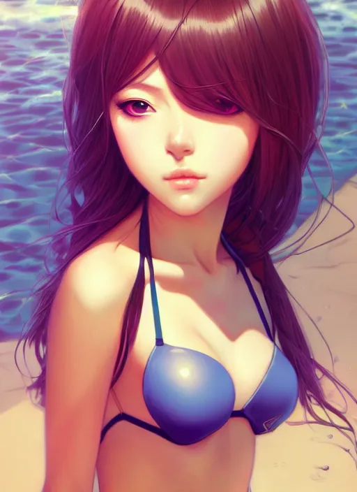 Prompt: portrait of beautiful young anime girl in bikini, cute-fine-face, pretty face, realistic shaded Perfect face, fine details. Anime, cyberpunk, Warhammer, highly detailed, artstation, illustration, art by Ilya Kuvshinov and Gustav Klimt