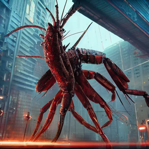 Image similar to a giant shrimp standing in a dystopian city, cyberpunk, dystopian, god, evil, villain, sharp focus, dynamic lights, still, photograph, hyper realistic, masterpiece, digital, octane render, rendered, 3 d, cinematic, cinematic lighting, dramatic lighting, highly detailed, intricate details, texture, cinematic composition, by donglu yu and kevin jick and eddie del rio