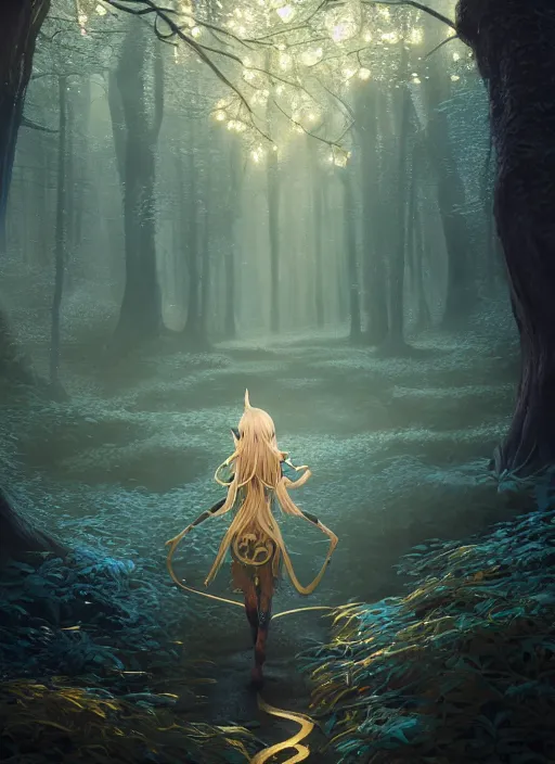 Image similar to magical forest with gold and silver leafs, music, girl with blond long hair, elves, lord of the rings style, ultra detailed, trending on artstation, concept art, octane render, unreal engine, by shinji aramaki, by christopher balaskas, by krenz cushart