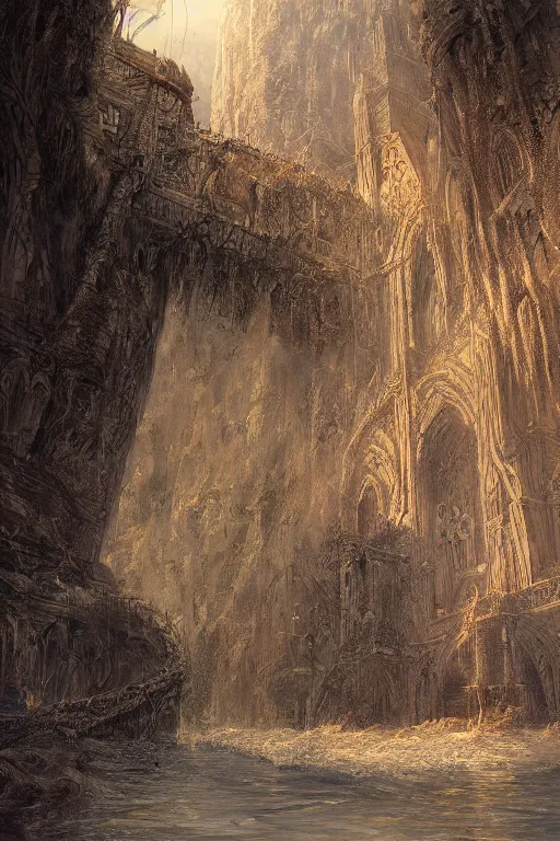 Image similar to Moria in the evening, detailed matte painting, cinematic, Alan Lee, Artstation