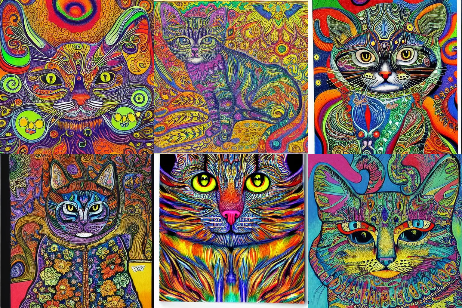 Prompt: psychedelic cat by Louis Wain, hyperdetailed, masterpiece