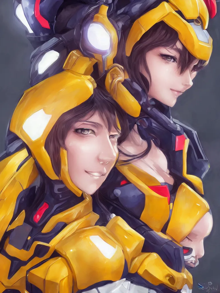 Prompt: A realistic anime portrait of a woman in a Gundam suit with glowing yellow, digital painting, by Stanley Artgerm Lau, Sakimichan, WLOP and Rossdraws, digtial painting, trending on ArtStation, SFW version