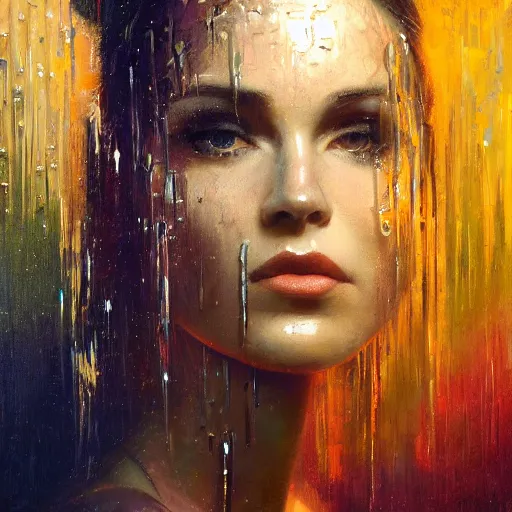 Image similar to detailed face of a woman clothed wrapped in textiles, lush, opulent, fauna, utopian, tech noir, wet reflections, prism, atmospheric, ambient, pj crook, syd mead, livia prima, artgerm, greg rutkowski, nick alm, casey baugh