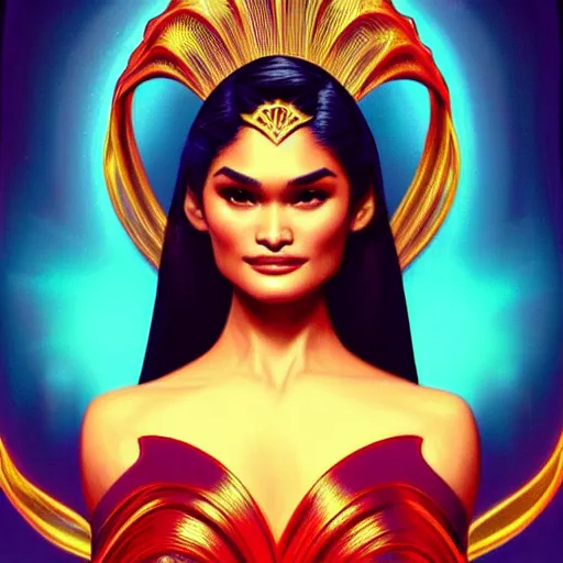 Image similar to pia wurtzbach as darna, volumetric lights, red and cyan theme, art nouveau botanicals, intricate, highly detailed, digital painting, artstation, concept art, smooth, sharp focus, cinematic, illustration, beautiful face, art by artgerm and greg rutkowski and alphonse mucha