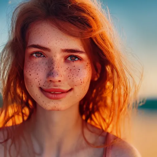 Image similar to beautiful serene intricate portrait of a cute thin young woman, red blush, cute freckles, smug smile, modern clothes, relaxing on the beach, golden hour, close up shot, soft focus, 8 k, art by irakli nadar, hyperrealism, hyperdetailed, ultra realistic