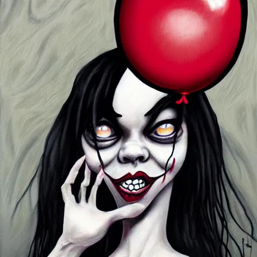 Prompt: grunge cartoon painting of rihanna with a wide smile and a red balloon by chris leib, loony toons style, pennywise style, corpse bride style, horror theme, detailed, elegant, intricate