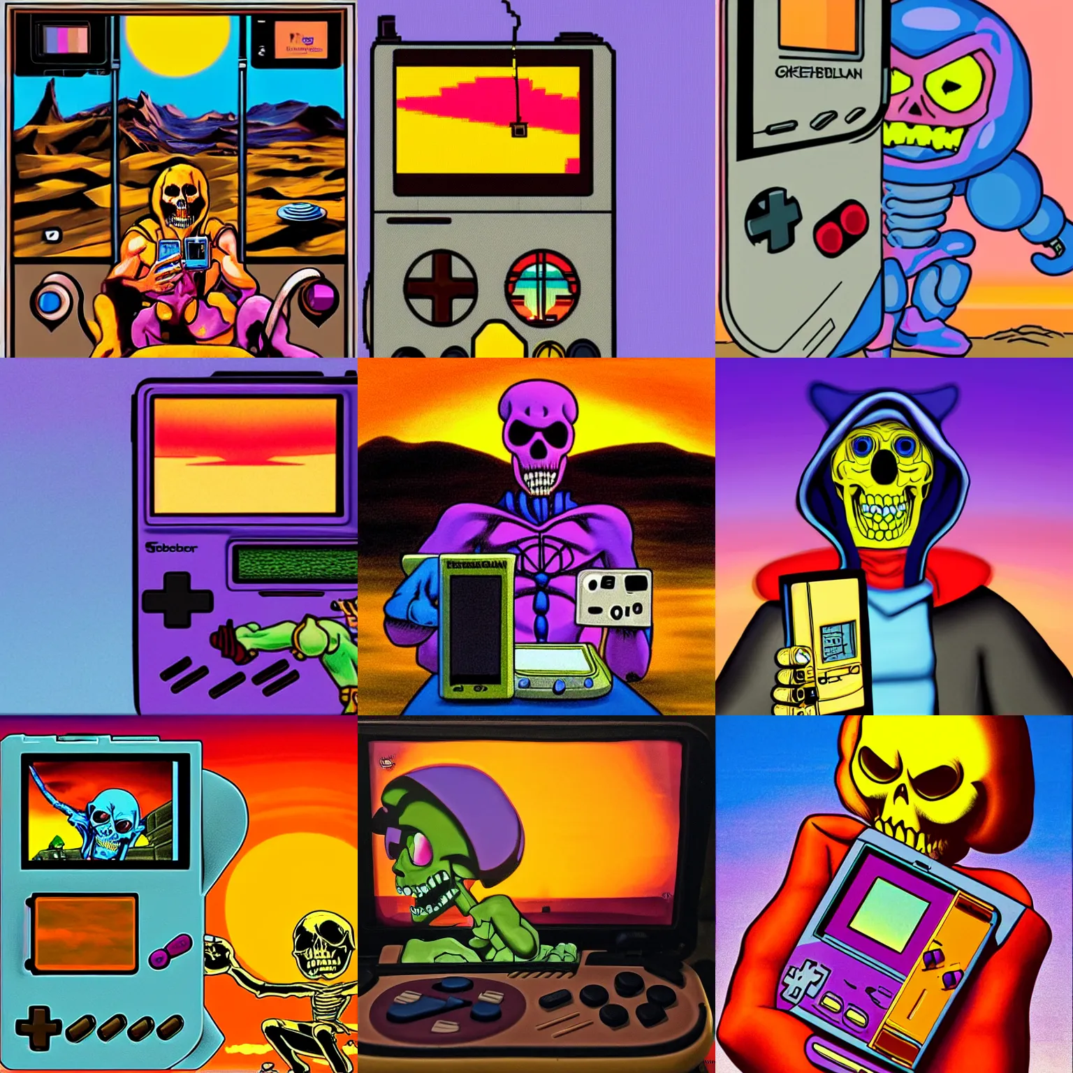Prompt: Skeletor plays gameboy against the backdrop of a sunset in the style of Dali