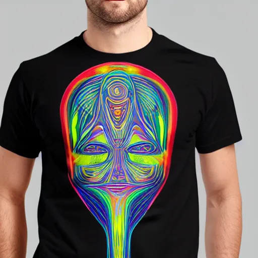 Image similar to mockup of a black tshirt with a hyperdetailed portrait of a futuristic robot by alex grey, 8 k, symetrical, flourescent colors, happy trippy mood, multicolored,