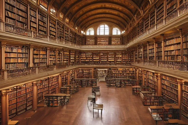 Prompt: interior architectual photo of a monumental great library hall with high ceiling, spiral shelves full of books