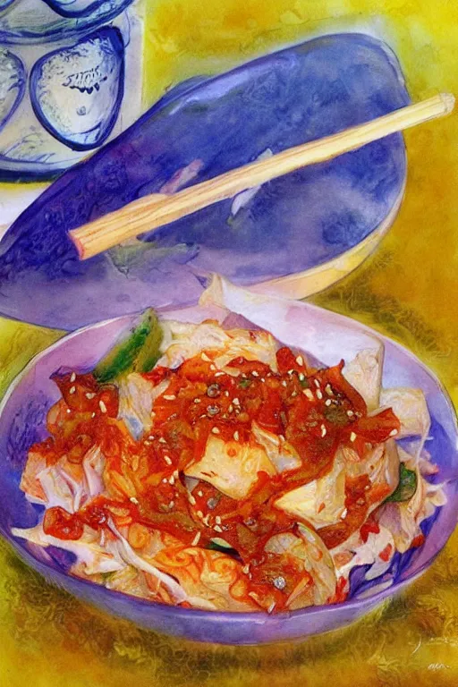 Prompt: kimchi, korean spicy fermented napa cabbage, by jerry pinkney
