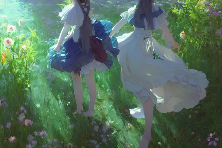 Image similar to a depressed digital art, loli in dress, garden, green and warm theme, blue accents, back lighting, highly detailed, 4 k resolution, trending on art station, by krenz cushart and mucha and akihito yoshida and greg rutkowski and makoto shinkai