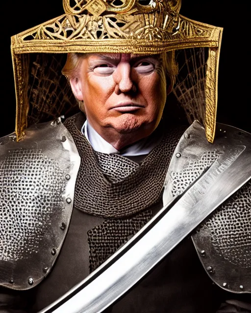 Prompt: a photo of donald trump dressed as a medieval knight. he's holding a longsword. medium shot portrait. dslr photography