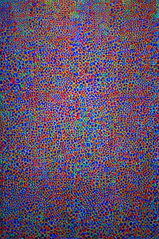 Image similar to hyper realistic painting of a japanese woman foreground by kei mieno, pattern background by yayoi kusama, highly detailed, symmetrical