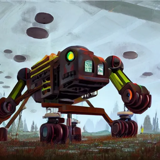 Image similar to giant quadrupedal mining drone, four legs, highly detailed body, industrial robot, photorealistic camera shot, in the style of simon stalenhag