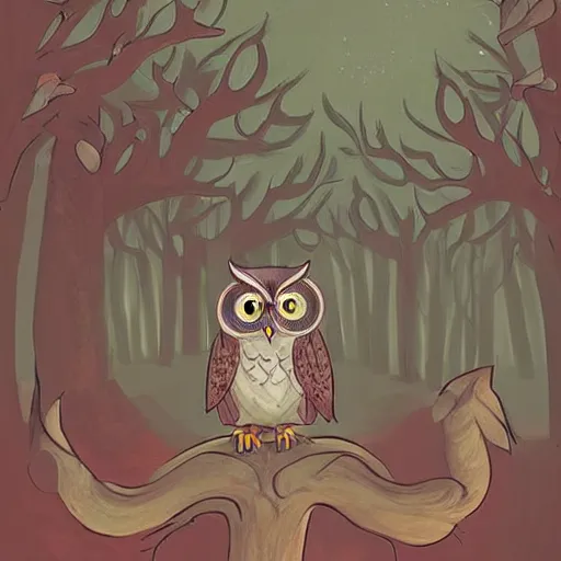 Image similar to a cartoon picture of an owl of athena!! in the woods, a storybook illustration by arabella rankin, behance contest winner, context art, storybook illustration, nightscape, digital illustration