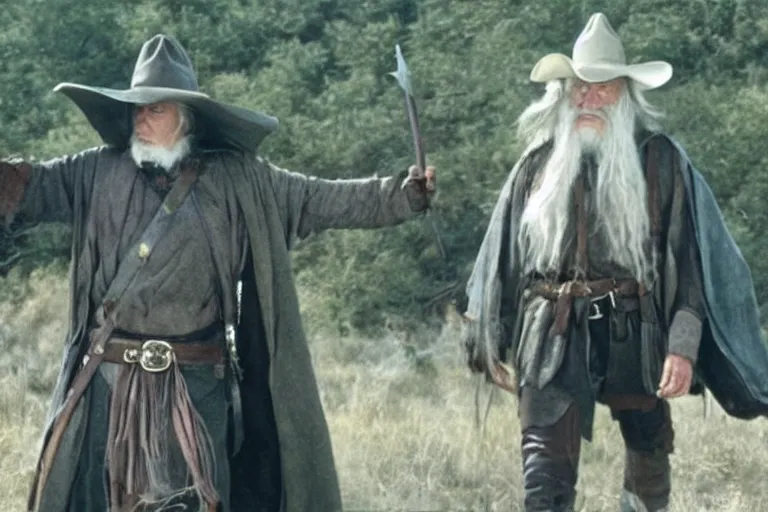 Image similar to Cowboy Gandalf wearing Stetson hat and leather trousers. Movie still from lord of the rings the fellowship of the ring.