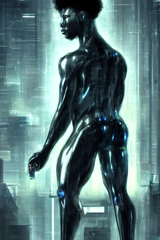 Prompt: black male cyborg body modifications hd james paick low perspective! cyberpunk city neon rain